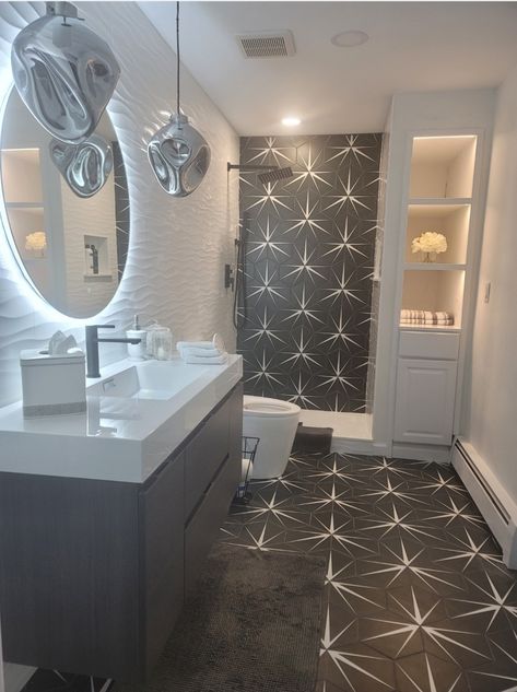 Black Star Tile, Creative Bathroom Ideas, Star Tile, New Bathroom Ideas, Merola Tile, Porcelain Floor, Upstairs Bathrooms, Custom Shower, Dream Bathrooms