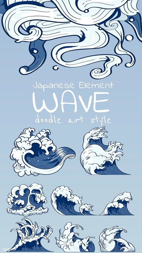 Blue Japanese wave background collection vectors | premium image by rawpixel.com / Niwat Japanese Wave Illustration, Tsunami Waves Drawing, Japan Wave, Wave Drawing, Wave Background, Japanese Wave, Wave Illustration, Japanese Drawings, 타이포그래피 포스터 디자인