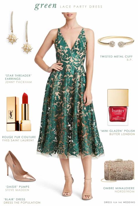 Today's featured outfit for a holiday party focuses on this green lace party dress. A pretty midi length green dress with metallic lace. Tea Length Green Dress, Green Lace Dress Outfit, Mint Green Dress Outfit, Outfit Graduacion, Party Dress Green, Dusty Pink Bridesmaid Dresses, Green Dress Outfit, Lace Dress Outfit, Teal Cocktail Dress