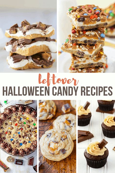 25 Leftover Halloween Candy Recipes - A Grande Life Peppermint Patty Cupcakes, Cupcakes Small Batch, Candy Brownies, Leftover Halloween Candy Recipes, Candy Corn Bark, Pretzel Chocolate Bites, Candy Cookie Cake, Halloween Candy Recipes, Peanut Butter Cheesecake Recipes