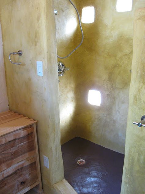 Concrete Shower, Cob Building, Earth Bag Homes, Adobe Home, Straw Bale House, Vent Fan, Earthship Home, Mud House, Bathroom Bathtub