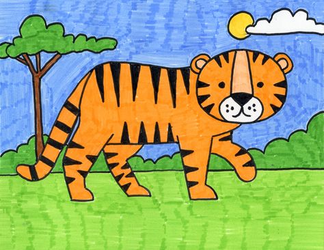 How to Draw a Tiger · Art Projects for Kids How To Draw A Tiger Easy, Tiger Drawing Simple, Tiger Drawing For Kids, Easy Tiger Drawing, Cartoon Drawing For Kids, Line Art Projects, Kindergarten Drawing, Giraffe Drawing, Tiger Kids