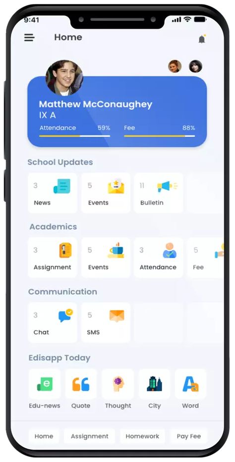 School Parent App - Home Page School App Design, Home Page Ui Design Mobile App, App Home Page Design, Profile Page Design, App Home Page, Attendance App, App Template Design, Profile App, School App