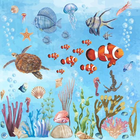 PRICES MAY VARY. 🐠High Quality: Ocean stickers made of high quality eco-friendly vinyl material, non-toxic, safe to use.They are environmentally friendly and easy to clean, will not disturb your decoration. Waterproof material is more suitable for decorating anywhere in your home. Including 8 pieces of sheets, each sheets size: 12 x 18inch. 🐠Ocean Animals Chic Design: Under the sea animals wall decals are designed with lifelike patterns regarding under the sea, such as watercolor fish, jellyfi Under The Sea Watercolor, Sea Motifs, Ocean Stickers, Under The Sea Animals, Fish Background, Animal Mural, Living Room Nursery, Animal Wall Decals, Watercolor Fish