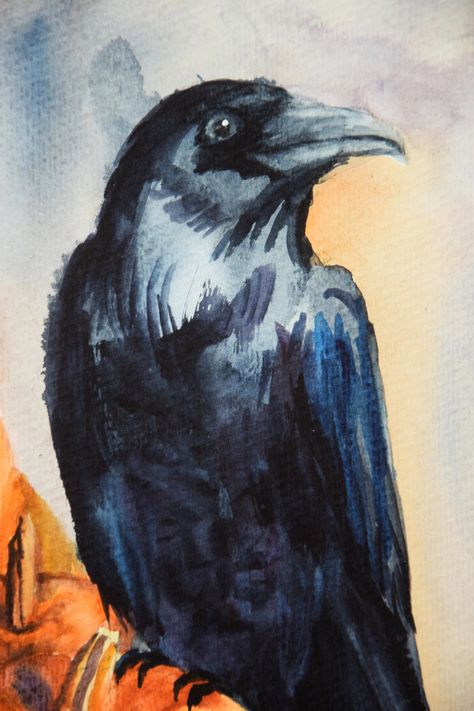 Halloween Watercolor Painting, Halloween Watercolor, Gothic Wall Art, Crow Bird, Raven Art, Halloween Painting, Sketch Painting, Watercolor Sketch, Watercolor Bird