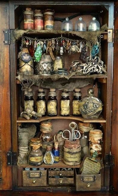 witches cupboard Witches Cabinet Ideas, Potions Cupboard, Magic Item Art, Witch Cupboard, Potion Shelf, Witches Cabinet, Potion Cabinet, Witch's Apothecary, Witch Cabinet