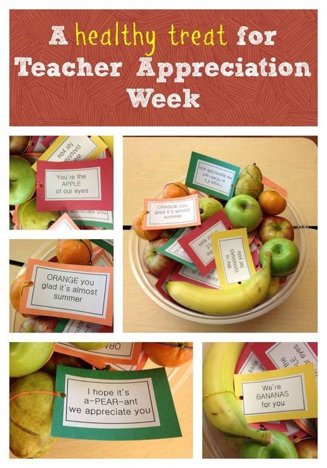 Looking for a way to make a teacher's day? Look what the parents at my children's school did for Teacher Appreciation Week: They filled a bowl with fresh fruit, attached these adorable notes, and set it out for the staff. The bowl will be refilled all week long. It goes without saying, but ... Teachers Week, Staff Appreciation Week, Staff Appreciation Gifts, Teacher Treats, Volunteer Gifts, Volunteer Appreciation, Staff Gifts, Healthy Treat, Employee Appreciation Gifts