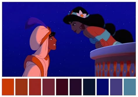 Cinema Palettes: Color palettes from famous movies - Aladdin Cinema Palettes, Color In Film, Movie Color Palette, Cinema Colours, Set The Mood, Disney Colors, Princess Coloring, Cartoon Network Adventure Time, Adventure Time Art