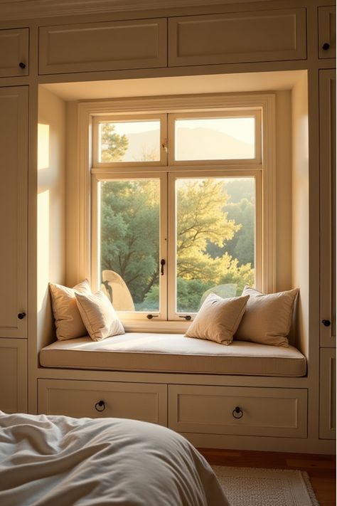 Golden hour bedroom featuring window seat with built-in storage Window Bench Between Closets, Bedroom Built In Window Seat, Aesthetic Window Seat Bedroom, Bay Window With Wardrobe, Baywindowseat Bedroom, Window Bench Seat Bedroom, Wardrobe With Window Seating, Window Seating Storage, Window Seating In Bedroom