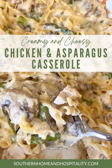 Chicken and asparagus casserole Pinterest graphic Chicken And Asparagus Casserole, Chicken And Asparagus Recipes, Easy Recipe With Chicken, Chicken Asparagus Recipe, Chicken Asparagus Casserole, Asparagus And Pasta, Creamy Chicken And Asparagus, Creamy Casserole, Casserole Bake