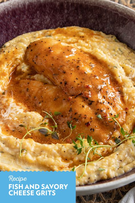 Shrimp And Grits Southern Style, Salmon Grits Recipe, Scallop And Grits Recipes, Chicken And Grits Recipes Dinners, Cod And Grits, Blackened Catfish And Grits, Fish And Grits Sauce, Tilapia Breakfast, Fish & Grits Recipe