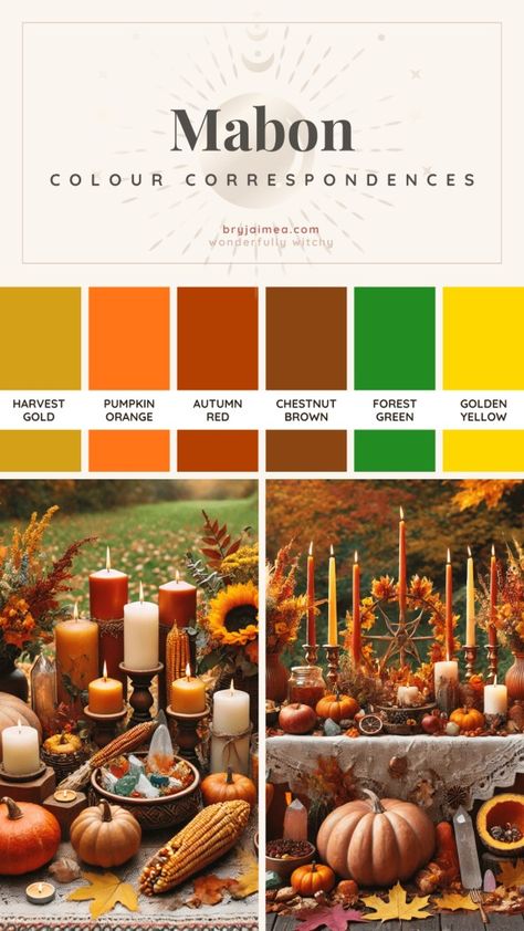 Creating a Mabon Altar: Essentials and Decorations | Bry Jaimea Lughnasadh Correspondences, Witchcraft Correspondences, Lughnasadh Altar, Altar Essentials, Mabon Altar, Lammas Lughnasadh, Pantone Swatches, Moon Symbols, Sandalwood Incense