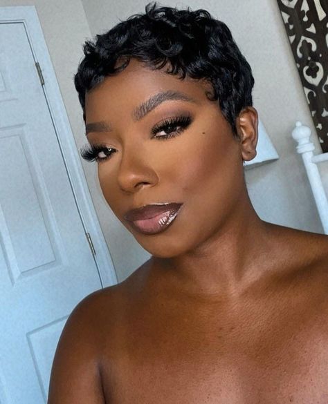 Jayda Pixie Cut, Pixie Cut Styles Black Women, Brown Pixie Haircut Black Women, Coi Leray Pixie Cut, Baddie Haircuts, Chocolate Brown Pixie Cut Black Women, Molded Pixie Black Women, Pixie Haircut For Black Women, Short Hair Black Women