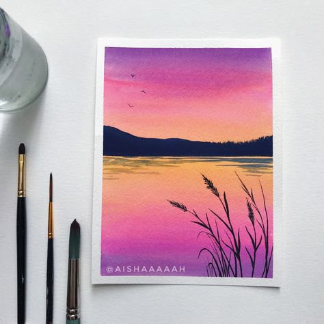 Easy sunset watercolor tutorial Small Watercolor Paintings, Polaroid Painting, Tiny Canvas, Sunset Watercolor, Paint Inspo, Watercolor Paintings For Beginners, Art Sunset, Watercolor Sunset, Oil Pastel Art