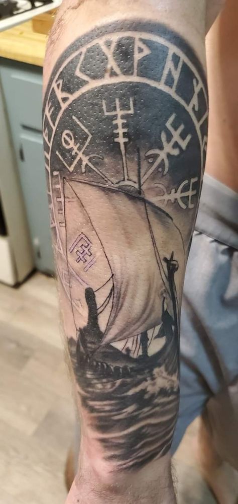 Norse Ship Tattoo, Viking Scenery, Viking Boat Tattoo, Viking Ship Tattoo, Viking Warrior Tattoos, Boat Tattoo, Thigh Tat, Vikings Tattoo, Dad Tattoo