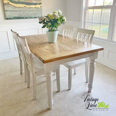 White painted table with new custom built pine top stained in Early American and sealed with polyurethane. Refinished Dining Table, White Painted Table, Pine Table And Chairs, Pine Dining Room, Repainting Kitchen Cabinets, Painted Kitchen Tables, White Kitchen Table, Wooden Kitchen Table, Diy Dining Room Table