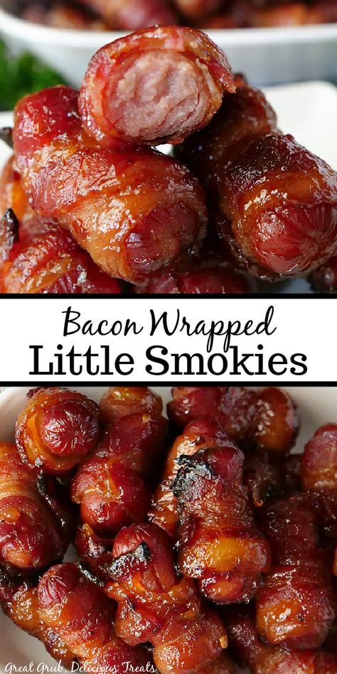 Smokies Appetizers, Bacon Wrapped Lil Smokies, Gameday Appetizers, Wrapped Smokies, Little Smokies Recipes, Bacon Wrapped Sausages, Smokies Recipe, Shower Appetizers, Bacon Wrapped Smokies