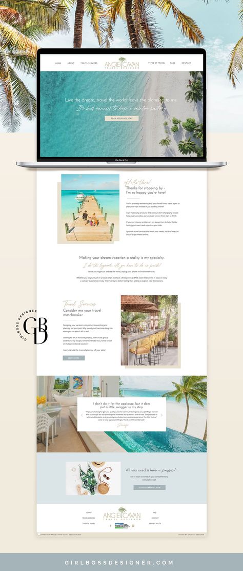 Light, Beachy Neutral Toned Website Design for Travel Designer, Angie Cavan Travel Designer. Natural, airy neutrals are paired with palm trees, shady beaches, bold fonts, and clean lines on her new travel website! Nature inspired travel branding is showcased on her Showit website, made using our Chloe Travel template, by Girlboss Designer! #travelwebsite #travelwebsitedesign #travelbranding #websitedesign #naturalbranding #Showit #girlbossdesigner Travel Branding, Travel Blog Design, Travel Website Templates, Travel Template, Travel Website Design, Design Sites, Showit Template, Hotel Website, Website Template Design