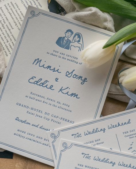 It’s all in the details: vintage stamps, letterpress on soft cotton paper, and double faced satin ribbon strung through a bronze antique label holder for M+E’s wedding weekend in Nice, France 🛥️☕️🥐🌷 . . . . . . . . #customweddingstationery #luxuryweddingstationery #luxuryweddinginvitations #customweddingdesign #classicwedding #minimalwedding #elegantwedding #weddinginvitations #coastalwedding #frenchwedding #modernweddingstationery #handmadelove #customweddingdesign #modernweddingdesign #wax... Invitation Card Mockup, Wedding Card Minimal, Vintage Wedding Invites, Intimate Proposal, Blue Wedding Stationery, Wedding Invitations Design, Ribbon Invitation, Modern Wedding Design, Wedding Graphics