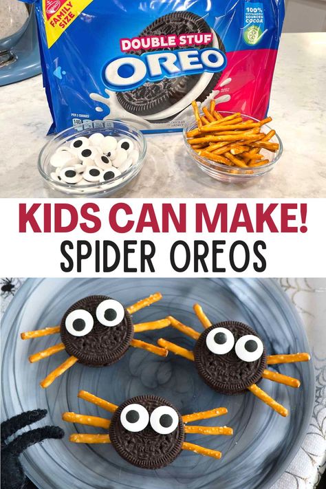 Spider Halloween Treats For Kids, Halloween Snack For Kindergarten, Halloween Spider Cookies Easy, Spider Snacks Preschool, Wacky Food Ideas Fun, Halloween Snack Preschool, Edible Spiders For Halloween, Spider Oreos Halloween, Spider Snacks For Kids