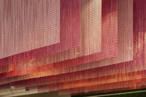 Kriskadecor Red Hotel, Veuve Cliquot, Fabric Ceiling, Industrial Office Design, String Curtains, Ceiling Detail, Metal Fabric, Metal Curtain, Ceiling Installation