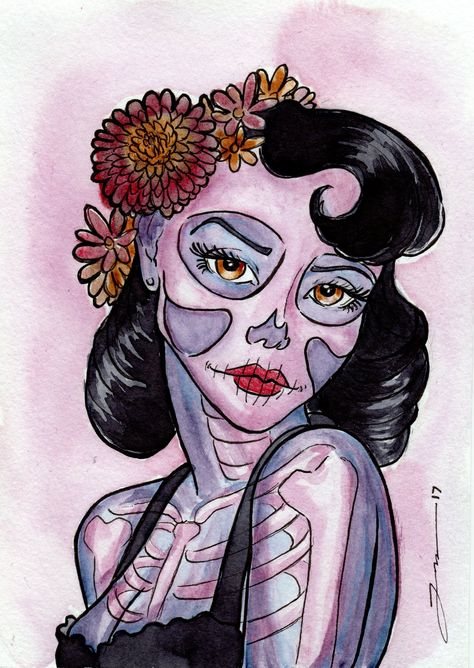 Dia De Los Muertos Drawing Ideas, Day Of The Dead Painting Ideas, Pop Punk Art, Day Of The Dead Illustration, Frida Kahlo Skeleton, Sugar Skull Girl Drawing, Sugar Skull Drawing, Latin Art, Day Of The Dead Girl Drawing