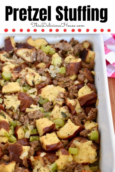 Pretzel Stuffing made with Pretzel Bread and Sausage is sure to be your new favorite Thanksgiving stuffing recipe! This delicious recipe is made with cubes of pretzel bread and is great for your holiday meal. Pretzel Stuffing, Bread Stuffing With Sausage, Bread And Sausage, Bread Thanksgiving, Stuffing With Sausage, Thanksgiving Stuffing Recipe, Pretzel Bread, Bread Stuffing, Stuffing Recipes For Thanksgiving