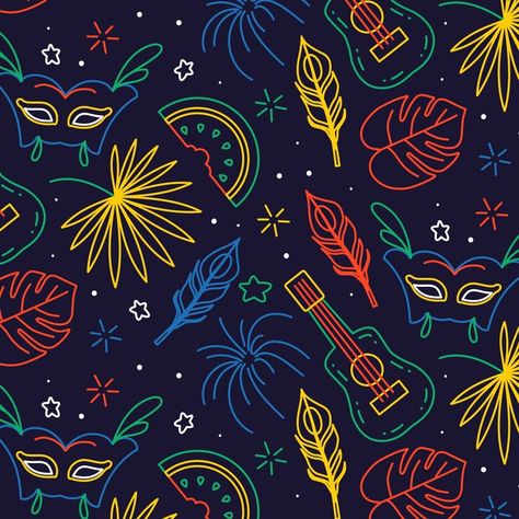 Free Vector | Brazilian carnival pattern in hand drawn Carnival Pattern, Drawn Mask, Brazilian Carnival, Rio Carnival, Carnival Masks, Hand Drawn Pattern, Trumpets, Rio De Janeiro, Color Patterns