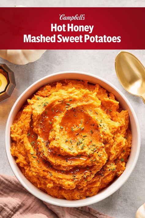 Everyone knows that holiday meals are all about the side dishes, and this Hot Honey Mashed Sweet Potatoes recipe will probably bump a few of the more traditional options off your plate! These sweet potatoes have only 6 ingredients, but two of them are browned butter and hot honey! Can you make them in 30 minutes? Condensed Cream of Mushroom Soup adds savory flavor and creaminess to the mixture, making Hot Honey Mashed Sweet Potatoes a perfect blend of savory, sweet and heat! All Recipes Sweet Potato Casserole, Easy Sweet Potato Casserole With Fresh Sweet Potatoes, Hot Honey Mashed Sweet Potatoes, Quick And Easy Sweet Potato Recipes, Easiest Sweet Potato Casserole, Nut Free Sweet Potato Casserole, Keto Thanksgiving Recipes, Condensed Cream Of Mushroom Soup, Sweet Potato Recipes Mashed