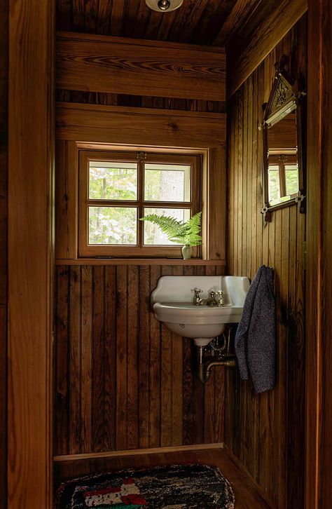 Forest Cabin — Norelius Studio Cabin Interior Lighting, Vintage Cabin Bathroom, Forest Cabin Interior, Forest Cottage Interior, Adirondack Cottage, French Cabin, Tiny Cabin Bathroom, Cabin Toilet, Small Cabin Bathroom