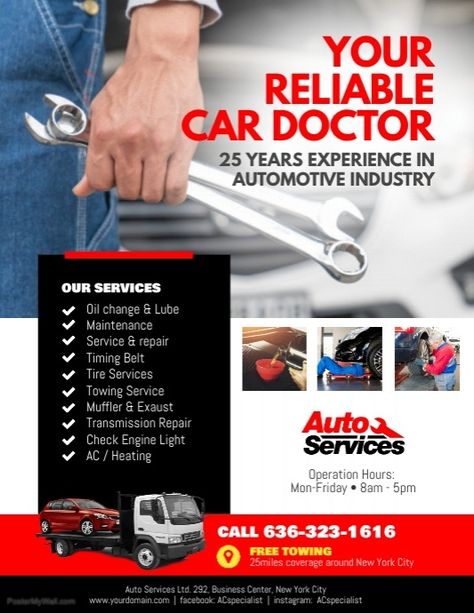 Auto Repair Service Flyer Poster Template Car Service Poster, Service Poster Ideas, Car Service Design, Services Poster, Car Doctor, Service Poster, Transmission Repair, Towing Service, Reliable Cars