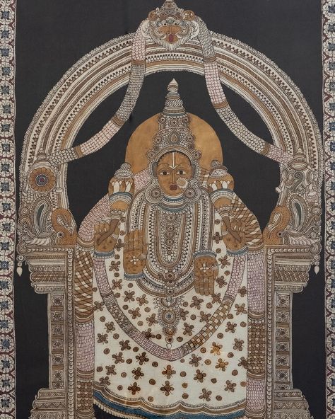 This beautiful Srikalahasti style Kalamkari of Padmavathi (she of the lotus), the consort of Sri Venkateshwara, is from the 1940s. Padmavathi is worshipped as an aspect of the goddess Lakshmi. Kalamkari is a type of hand-painted cotton textile produced in the Indian state of Andhra Pradesh. There are two distinctive styles of Kalamkari – Machilipatnam style and Srikalahasti style. Machilipatnam involves vegetable dyed block-painting on a fabric. This work is the Srikalahasti style of Kalamkar... Block Painting, Types Of Hands, Cotton Textile, Goddess Lakshmi, The Lotus, Andhra Pradesh, The Goddess, Worship, Lotus