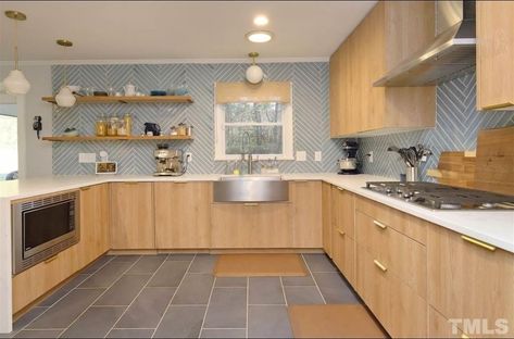 Wood Cabinets Grey Floor, Grey Tile Kitchen Floor Wood Cabinets, Small Kitchen Light Wood Cabinets, Duel Color Kitchen Cabinets, Blue Backsplash Kitchen Wood Cabinets, Wood Cabinets Blue Backsplash, Grey Tile Floors, Blue Tile Backsplash Kitchen, Grey Tile Kitchen Floor