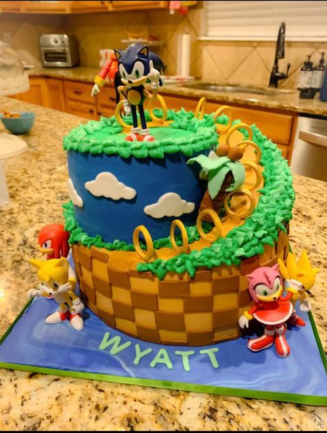 Homemade Sonic Cake, Sonic Hedgehog Birthday Cake, Sonic 2 Birthday Cake, Sonic Theme Birthday Party Cake, Sonic The Hedgehog Birthday Cake Ideas, Sonic Themed Cake, Sonic Cakes Ideas, Sonic Shadow Birthday Cake, Boys 7th Birthday Cake