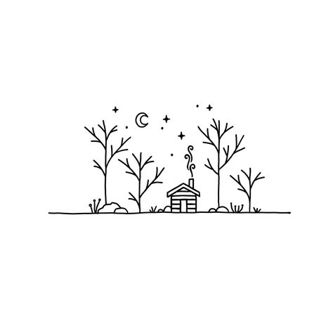 Cabin Doodles Simple, Simple Drawings Aesthetic Nature, Simple Christmas Doodles To Draw, Easy Drawings Of Trees, Doodle Trees Drawings, Nature Art Drawings Simple, Cabin Line Art, Line Art Easy Simple, Simple Cabin Drawing