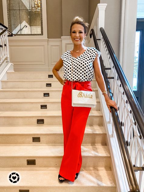 For all the brides out there! LOVED this fun bachelorette party day outfit! Red pants, polka dot top, bride clutch, gold, black and white, brides. ❤️🤍🖤 Follow my shop @AmberlyScott on the @shop.LTK app to shop this post and get my exclusive app-only content! #liketkit @shop.ltk https://liketk.it/3umpr Black Polka Dot Top Outfit, White Polka Dot Shirt Outfit, Polka Dot Pants Outfit, Polka Dot Shirt Outfit, Polka Dot Top Outfit, Red Pants Outfit, Pant Outfits For Women, Bride Clutch, Fun Bachelorette Party