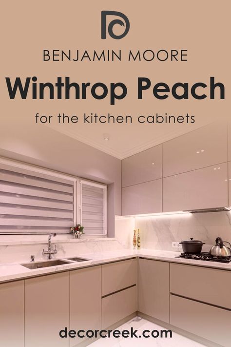 When used for kitchen cabinets, Winthrop Peach HC-55 adds a unique and elegant touch to your kitchen. Combine it with white or light-colored countertops and backsplashes to create a balanced and visually appealing kitchen design. Whether you choose to use it in bedrooms, bathrooms, living rooms, kitchens, or even on the exterior, this versatile color brings a sense of timeless charm and comfort to any setting. Peach Color Kitchen, Peach Kitchen Cabinets, Peach Kitchen, Light Peach Color, Light Peach, Trim Color, Kitchen Colors, Complementary Colors, Coordinating Colors