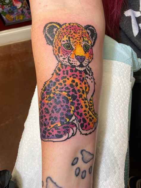 Lisa Frank Tattoos, Lisa Frank Style Tattoo, Lisa Frank Tattoo Ideas, Leopard Tattoo Color, Lisa Frank Tattoo, Lisa Frank Leopard Print Tattoo, Lisa Frank Unicorn Tattoo, Lisa Frank Leopard, Lisa Frank Tiger