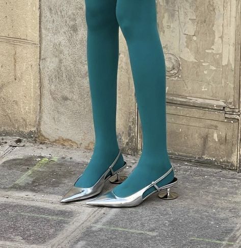 Rainbow Tights, Colorful Tights, Princess Charm School, Blue Tights, Colored Tights, Stunning Shoes, Devil Wears Prada, Shoes Blue, Silver Shoes