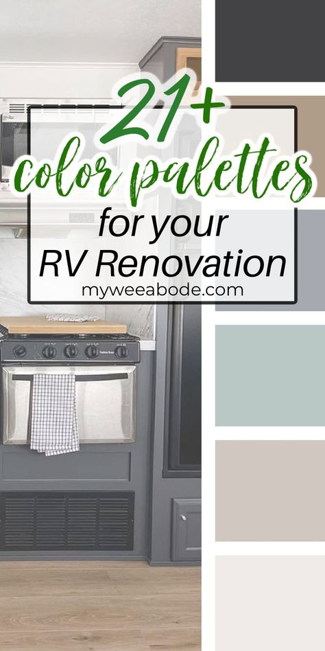 Discover 21 color palettes for your camper trailer renovation that will transform your space into a cozy haven on wheels. Explore these inspiring camper trailer color schemes to find the perfect blend of hues for your next design project. #myweeabode #rvrenovation #traveltrailer #tinyhome Two Tone Camper Cabinets, Gray Camper Cabinets, Rv Renovation Color Scheme, Rv Remodel Paint Colors, Color Schemes For Rv Camper Interior, Trailer Painting Interior, Rv Remodel Color Schemes, Camper Van Color Schemes, Camper Interior Paint Colors