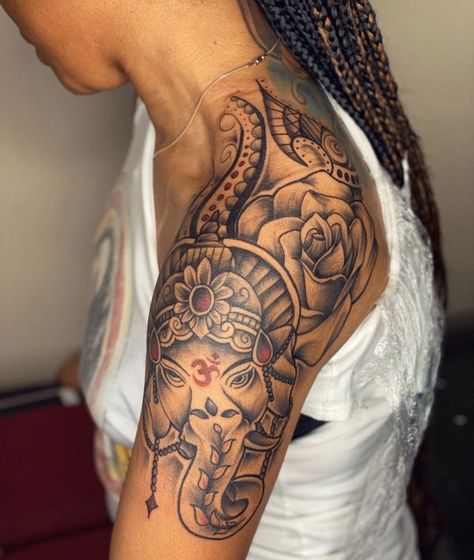 Upper Arm Sleeve Tattoo Women Black, Shoulder Sleeve Tattoos For Women, Black Culture Tattoos For Women, Shoulder Tats For Women, Shoulder Tattoos For Women Unique, Female Sleeve Tattoo Black Women, Black Culture Tattoos, Minimalistic Tattoo Ideas, Cute Thigh Tattoos