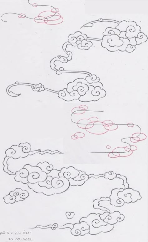 How To Draw Japanese Clouds, Chinese Cloud Drawing, Chinese Cloud Tattoo, Asian Cloud Tattoo, Japanese Cloud Art, Cloud Japanese, Japanese Cloud Tattoo, Japanese Clouds, Ide Scrapbook