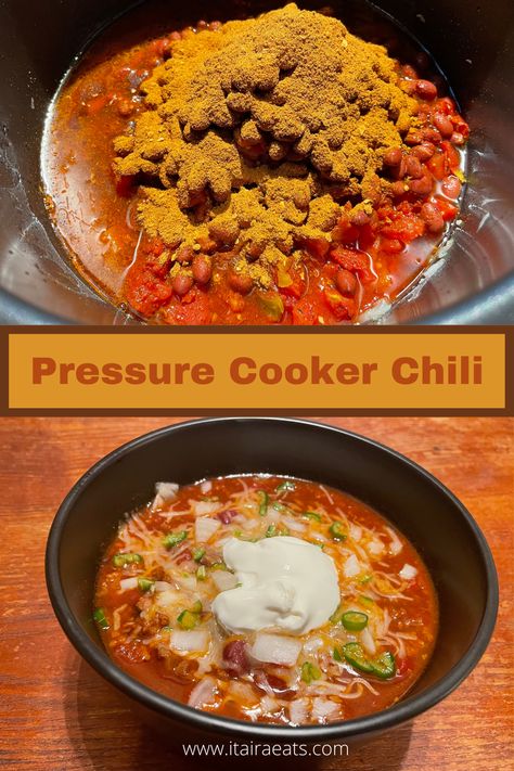 Chili Pressure Cooker Recipe, No Beans Chili, Real Texas Chili, Chili Instant Pot, Pressure Cooker Chili, Beef And Beans, Jalapeno Cheddar Cornbread, Cheddar Cornbread, Baked Tortilla Chips