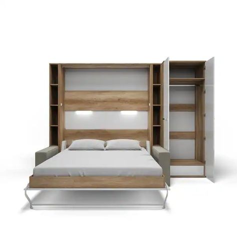 Contempo Vertical Wall Bed with a Sofa, two Cabinets and Wardrobe, Queen - On Sale - Bed Bath & Beyond - 39569817 Modular Bedroom, Full Size Murphy Bed, Bed Mattress Sizes, Bedroom Design Inspiration, Sleek Storage, Bed Shelves, Bed Dimensions, Wall Bed, Container House Design