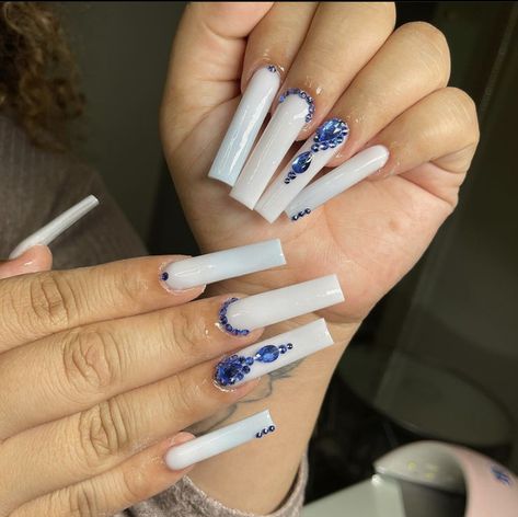 Long White Nail Ideas, White And Blue Acrylics, White Nails Diamonds, Lifted Eyebrows, Gems On Nails, Long White Acrylic Nails, White Long Nails, Long White Nails, French Manicure Acrylic Nails