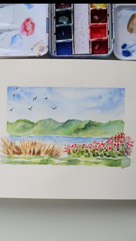 How to paint simple loose landscape in watercolour in 2022 | Watercolor flower art, Watercolor sketching and journaling, Watercolor paintings Flowers And Mountains, Flower Art Watercolor, Landscape With Flowers, Watercolor Landscape Tutorial, Watercolor Sketching, Easy Landscape Paintings, Learn Watercolor Painting, Watercolor Art Landscape, Art Tutorials Watercolor