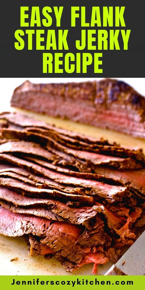 Follow these easy steps on how to make the ever delicious flank steak jerky​ recipe​. #meatrecipe #meatappetizers #jerkyrecipe #jerky #smokercooking Flank Steak Jerky Recipes, Jerky Marinade Recipes, Beef Jerky Recipe Dehydrator, Homemade Beef Jerky Recipe, Jerky Recipes Dehydrator, Oven Jerky, Jerkey Recipes, Teriyaki Beef Jerky, Homemade Beef Jerky