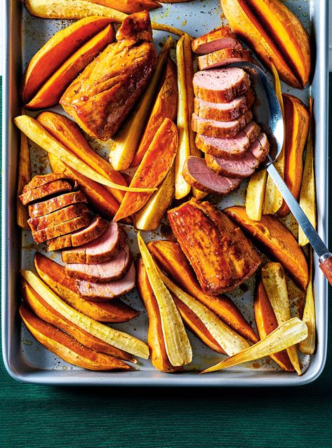 Pork tenderloin is always a winning dinner idea, and this sheet-pan version is sure to become a fast favourite. Pork Tenderloin With Sweet Potatoes, Slow Cooked Pulled Pork, Pork Glaze, Pork Tenderloin Recipes, Stuffed Pork Tenderloin, Sheet Pan Recipes, Pork Tenderloin, Parsnips, Special Recipes