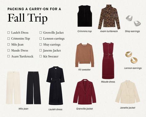 How to Pack in a Carry-On: A Mix-and-Match Packing List for Fall Packing For A Week Trip Carry On Bag, Thanksgiving Packing List, Packing For A Week Trip, Fall Packing List Outfits, Fall Packing List, Fall Packing, Bryant Park Nyc, Earring Kit, Fresh Outfits