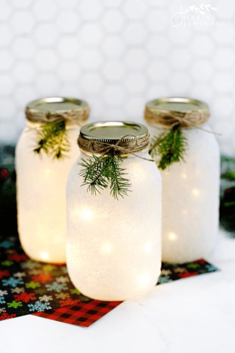 Glass Jar Luminaries For Christmas, Lights In Jars Diy, Christmas Crafts With Fairy Lights, Fairy Lights Crafts Diy Projects, Mason Jar Christmas Lights, Mason Jar Luminaries Diy Christmas, Fairy Light Christmas Decor Diy, Christmas Mason Jar Lights, Tea Light Centerpiece Diy